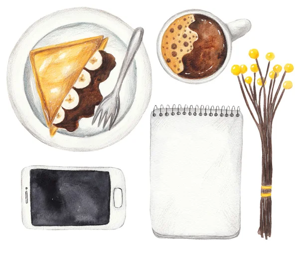 Notebook, telefone celular, xícara de café, torrada com banana e chocolate. Café da manhã, watercolor mockup em fundo isolado branco — Fotografia de Stock