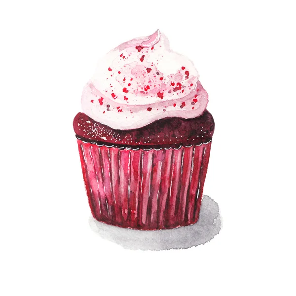 Cupcake rosso acquerello su sfondo bianco isolato — Foto Stock
