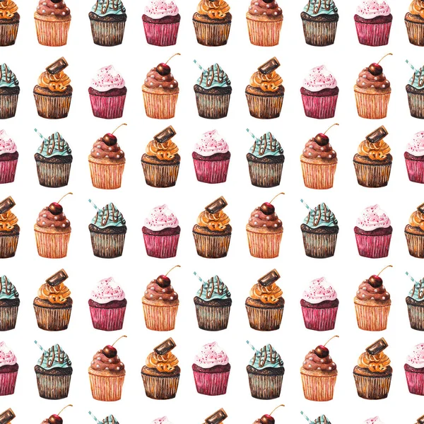 Padrão sem costura com cupcakes aquarela no fundo branco — Fotografia de Stock