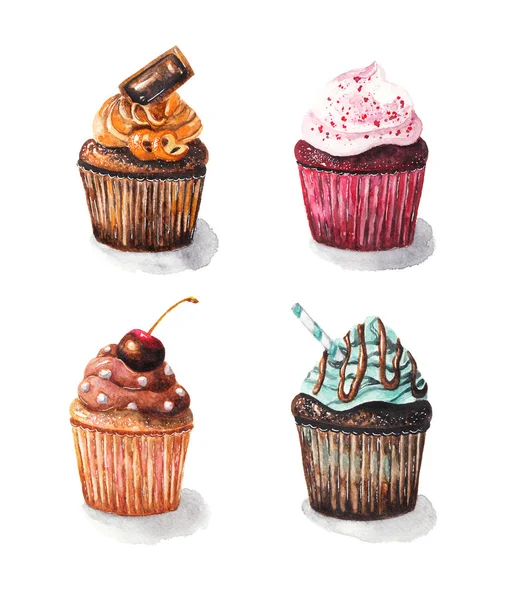 Un set di cupcake. Illustrazione ad acquerello su sfondo bianco isolato — Foto Stock