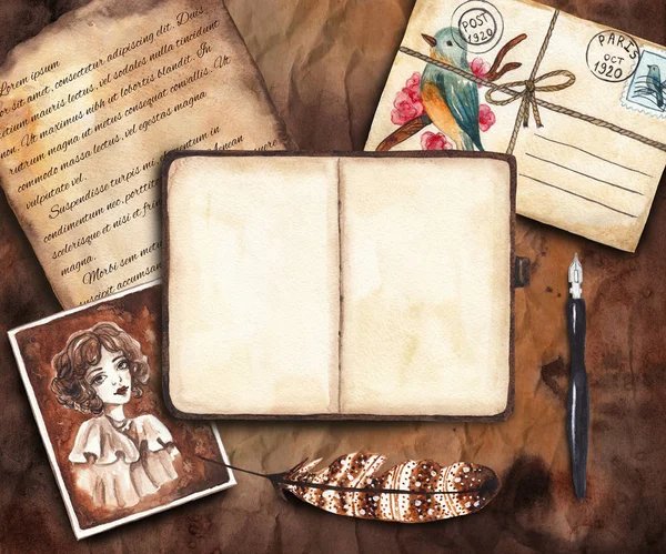Vintage suluboya mockup. Defter ile metin, mektup, zarf, tüy, kalem, retro fotoğraf için bir yer. Resimde çizilmiş