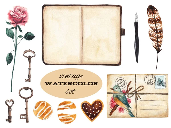 Vintage set. Rose, sleutels, notebook, pen, veren, envelop en cookies. Aquarel illustratie op witte geïsoleerde achtergrond — Stockfoto