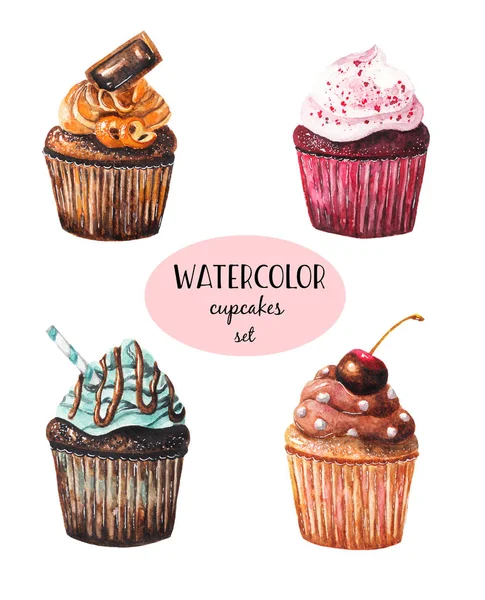 Un set di cupcake. Illustrazione ad acquerello su sfondo bianco isolato — Foto Stock