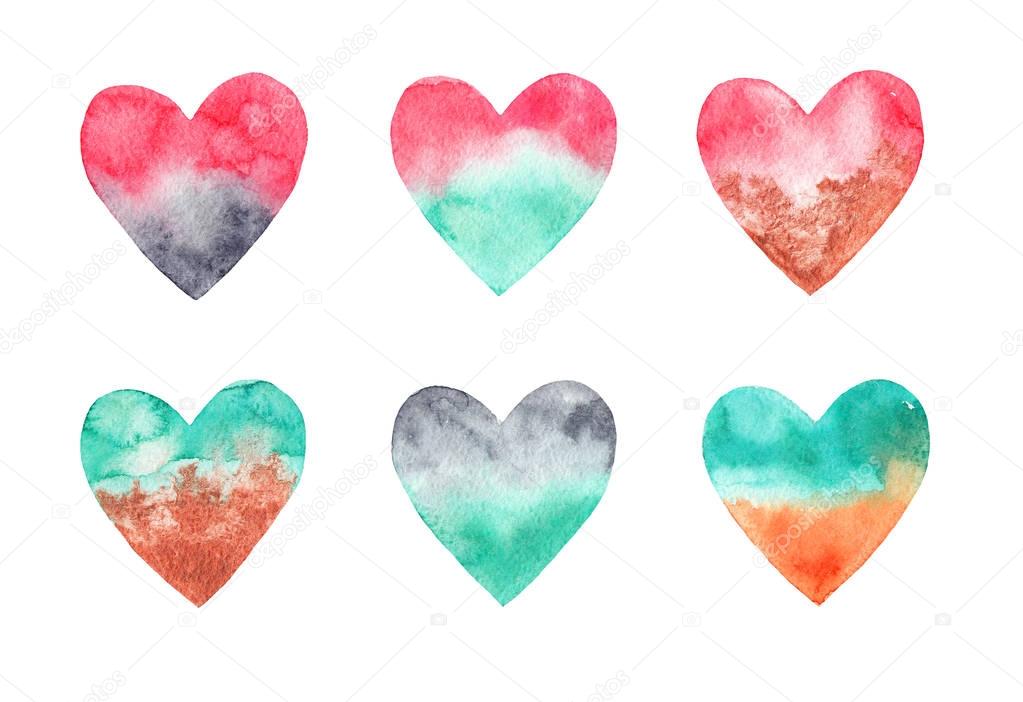 Set of watercolor hearts on white isolated background