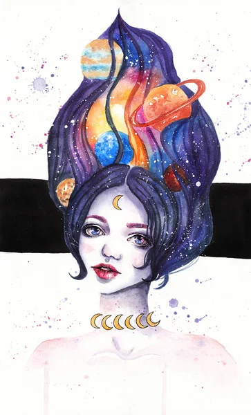 Menina com as estrelas e planetas em seu cabelo. Rapariga espacial. Ilustração aquarela — Fotografia de Stock