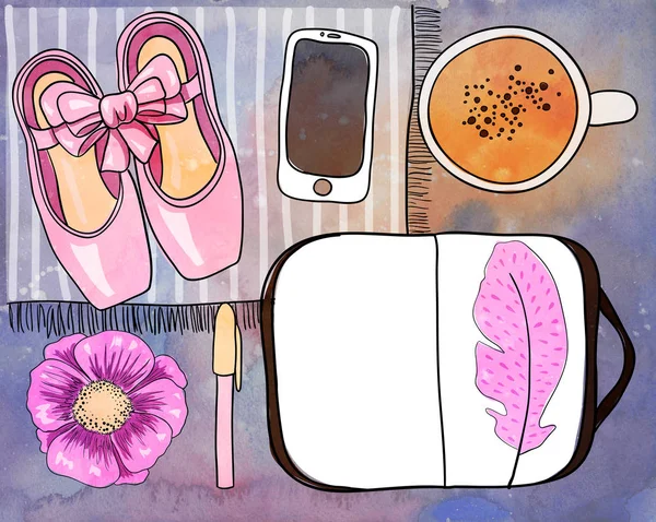 Koffiekopje, notebook, pen, telefoon, pointe-schoenen, bloem en veren. Aquarel mockup met plaats voor tekst, sjabloon voor ontwerp — Stockfoto