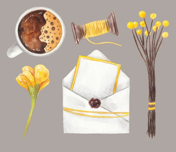 Конверт и чистая бумага, желтый цветок, катушки ниток, кофейная чашка. Акварельный макет — стоковое фото