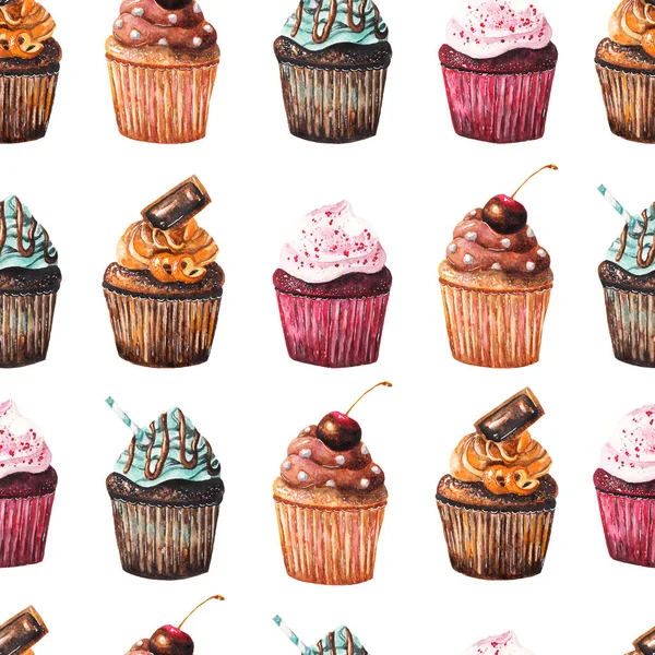 Nahtloses Muster mit Aquarell-Cupcakes auf weißem Hintergrund — Stockfoto