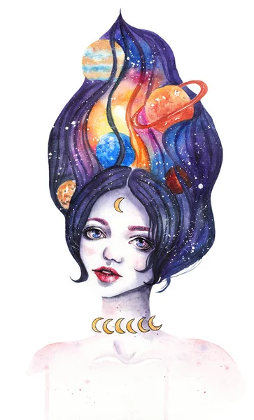 Mädchen mit den Sternen und Planeten im Haar. Weltraum-Mädchen. Aquarell-Illustration auf weißem, isoliertem Hintergrund — Stockfoto