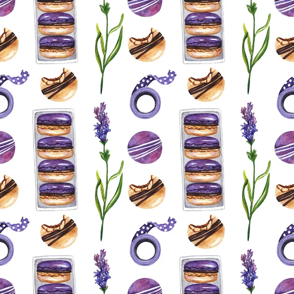 用蛋白杏仁饼干，淡紫色，紫色丝带的无缝模式。水彩背景 — 图库照片