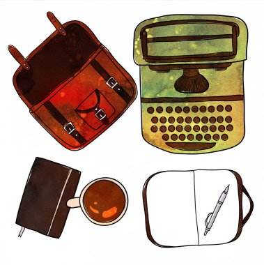 Kahve fincanı, defter, kalem, daktilo ve çanta. Suluboya mockup, beyaz arka plan üzerinde tasarım şablonu