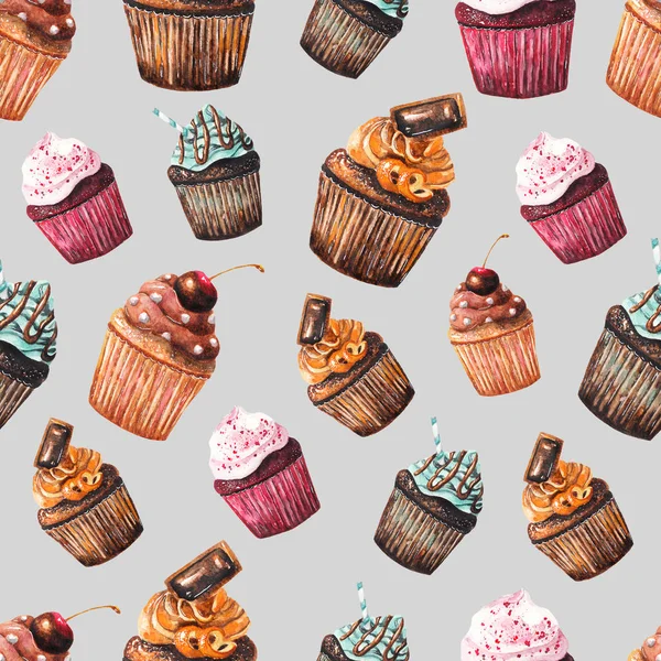 Seamless mönster med akvarell cupcakes — Stockfoto