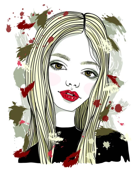 Menina bonita com cabelo loiro e lábios vermelhos. Ilustração de moda em fundo abstrato —  Vetores de Stock