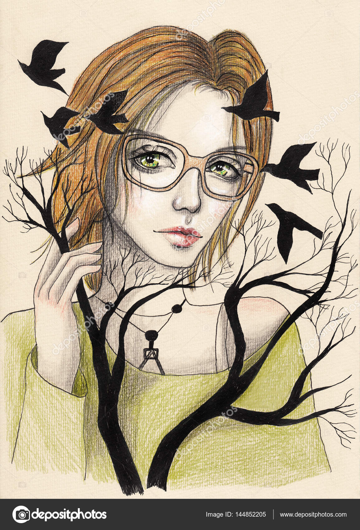 Beautiful girl with blonde hair and glasses. Trees and flying birds. Fashion Illustration, sketch Stock Photo by © 144852205 Beautiful girl with blonde hair and glasses. Trees and flying birds. Fashion Illustration, sketch Stock Photo by © 144852205