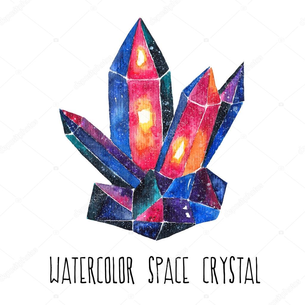 Magic space crystal. Watercolor illustration on white isolated background