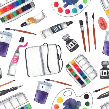 Sanat ile Seamless Modeli beyaz izole arka plan üzerinde sağlar. Boyalar, palet, fırçalar, mürekkep, sketchbook, kalem ve kalem. Suluboya arka plan