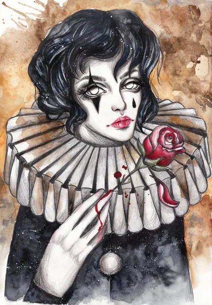 Pierrot avec une rose rouge. Illustration gothique aquarelle peinte à la main — Photo