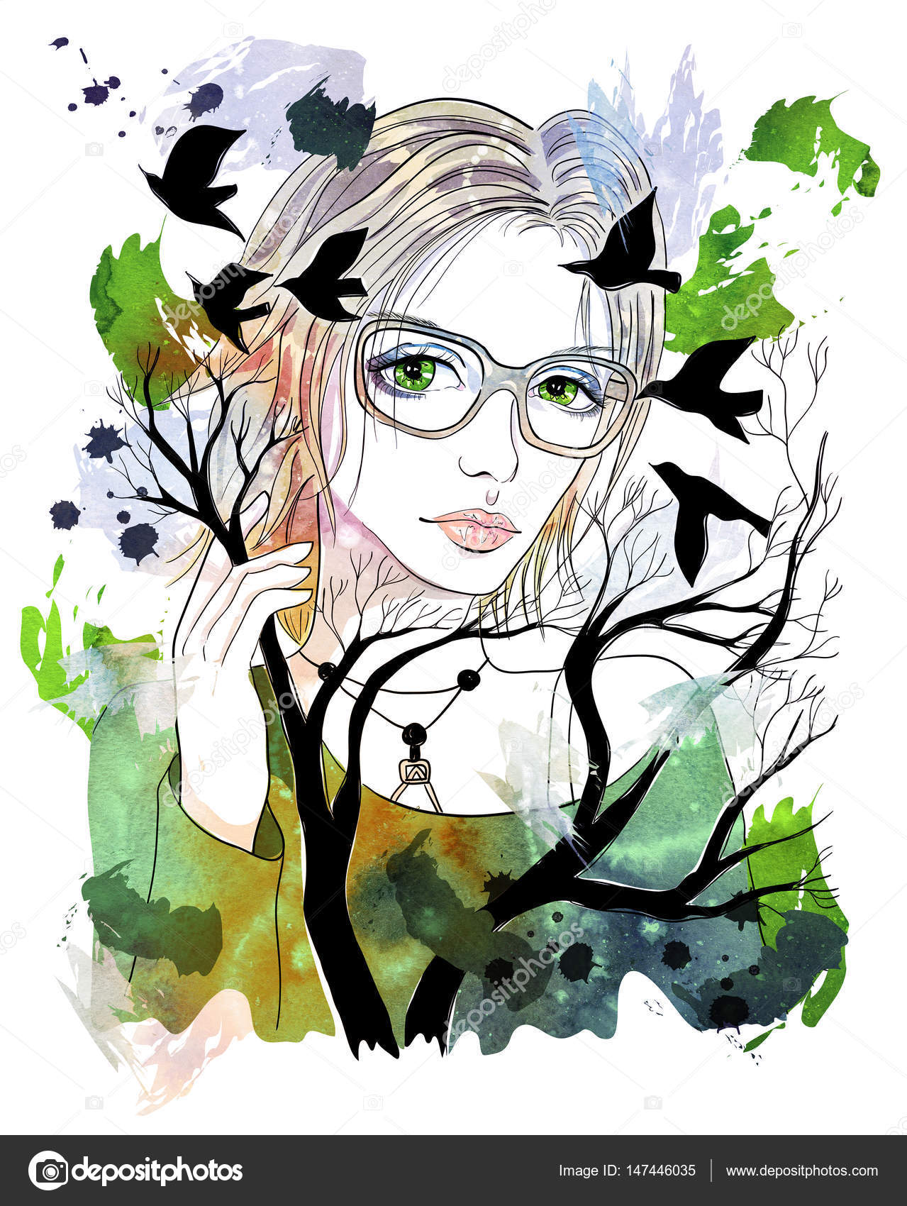 Beautiful Girl With Blonde Hair And Glasses Trees And Flying