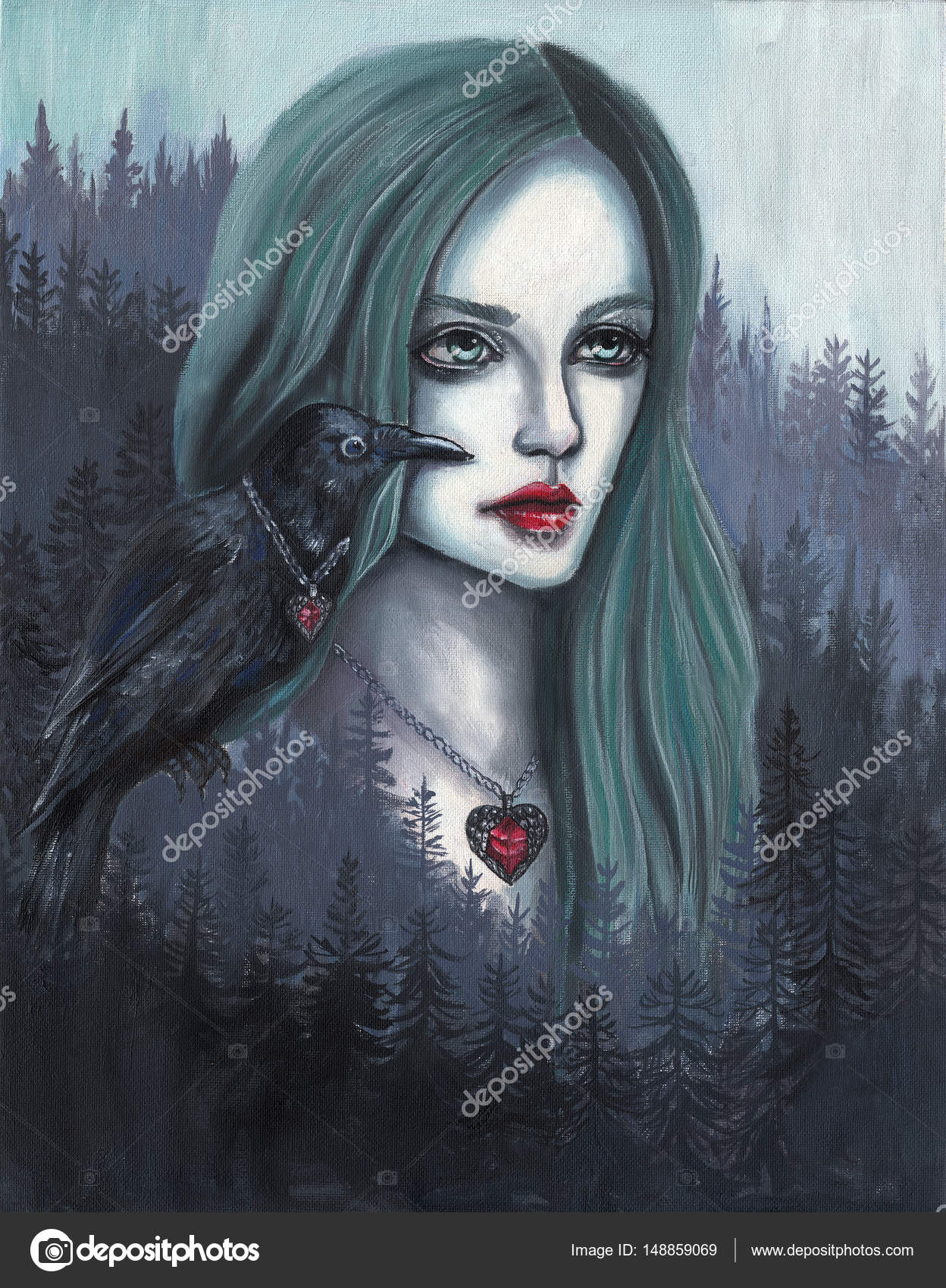 Beautiful Girl With A Crow On Her Shoulder A Bird Girl Girl In The Forest Gothic Illustration