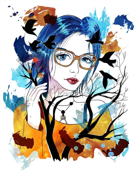 Schönes Mädchen mit blauen Haaren und Brille. Bäume und fliegende Vögel. Mode-Illustration auf abstraktem Hintergrund — Stockfoto