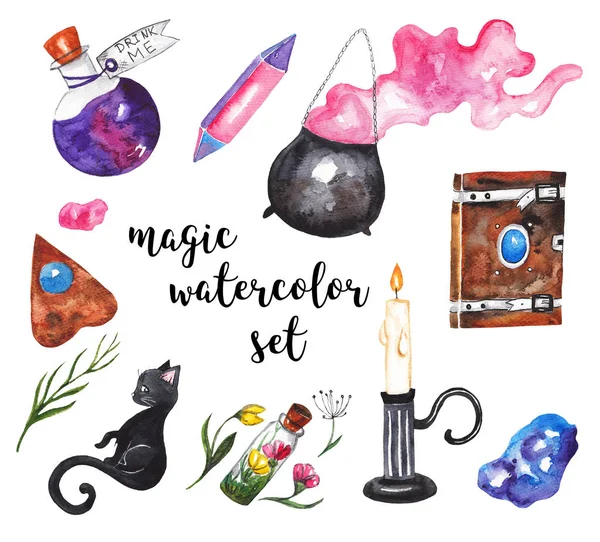 Magiska akvarell set. Magiska boken potion, kittel, kristall, magiska stenar, ljus, svart katt, torkade blommor. Witch set — Stockfoto