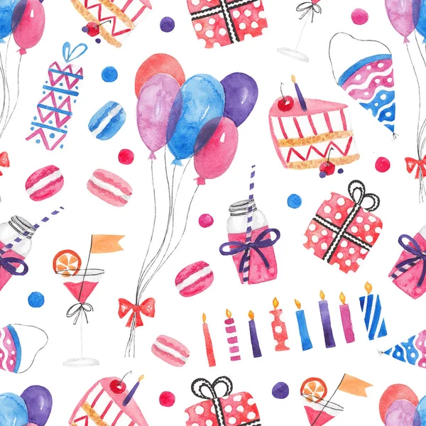 Απρόσκοπτη μοτίβο με μπαλόνια, κοκτέιλ, macaroons, κέικ, δώρα. Ακουαρέλα πάρτυ Happy Birthday φόντο — Φωτογραφία Αρχείου