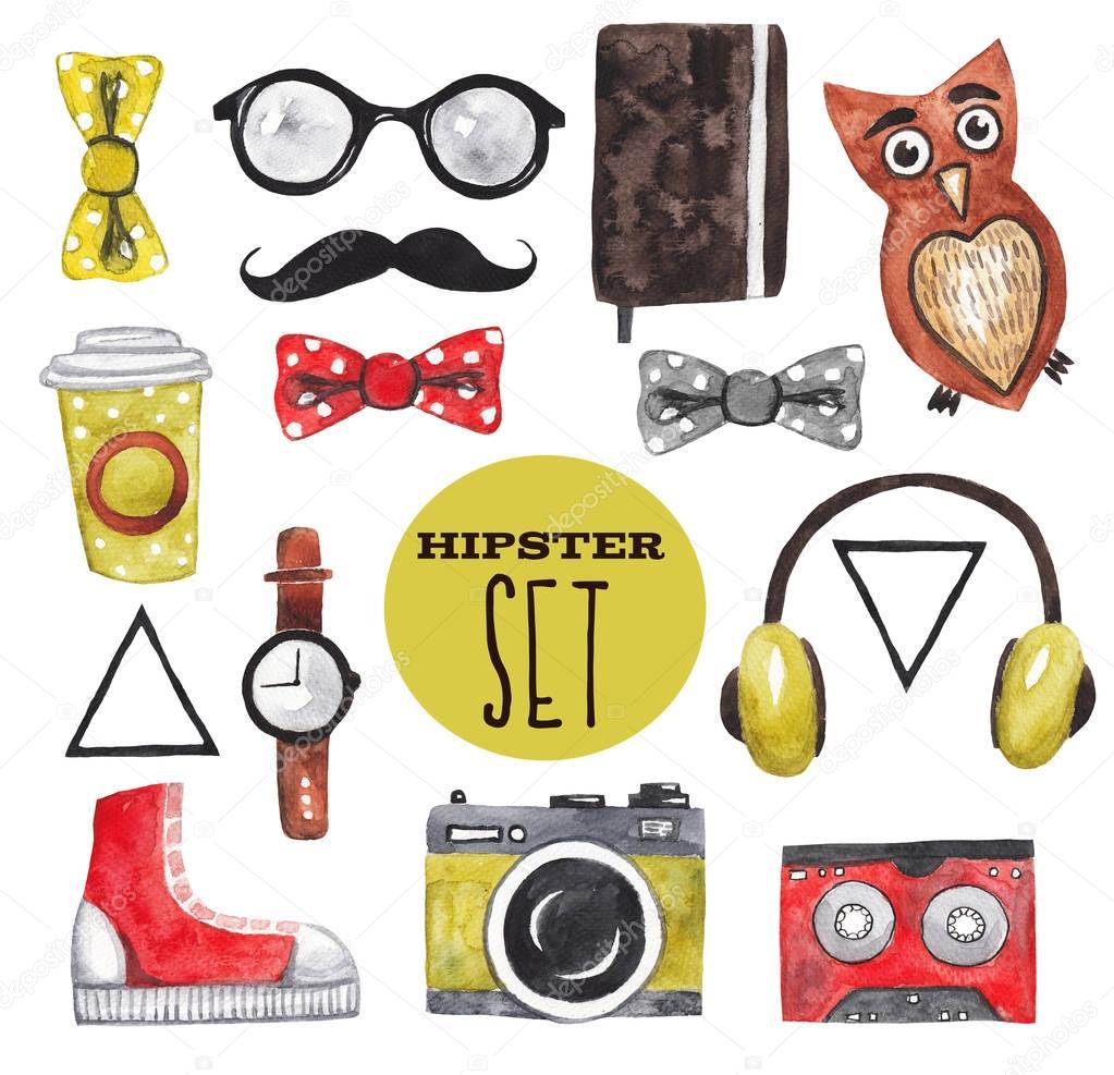 Hipster set. Notepad, bow tie, glasses, headphones, owl, triangle, retro camera, wristwatch. Watercolor illustration on white isolated background