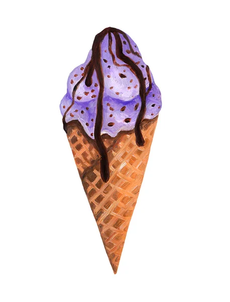 Blueberry ice cream in a waffle cone. Hand-drawn illustration on white isolated background — Stock Photo, Image