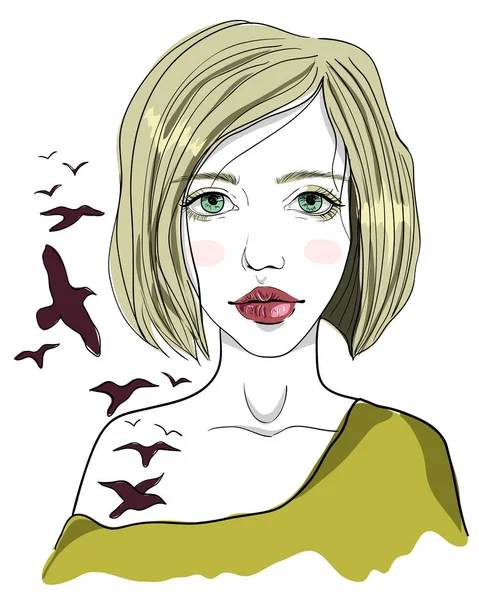 Портрет девушки с татуировкой птицы. Птичка-девочка с светлыми волосами на белом фоне. Иллюстрация моды — стоковый вектор