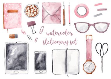 Ofis iş kırtasiye ayarlayın. Notebook, tablet, gözlük, kahve fincanı, zarf, kalem, kurşun kalem. Beyaz izole zemin üzerine suluboya resim
