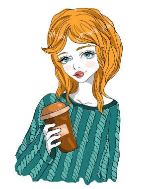 Bir kağıt bardak kahve ile sevimli bir kız. Beyaz arka plan üzerinde moda illüstrasyon