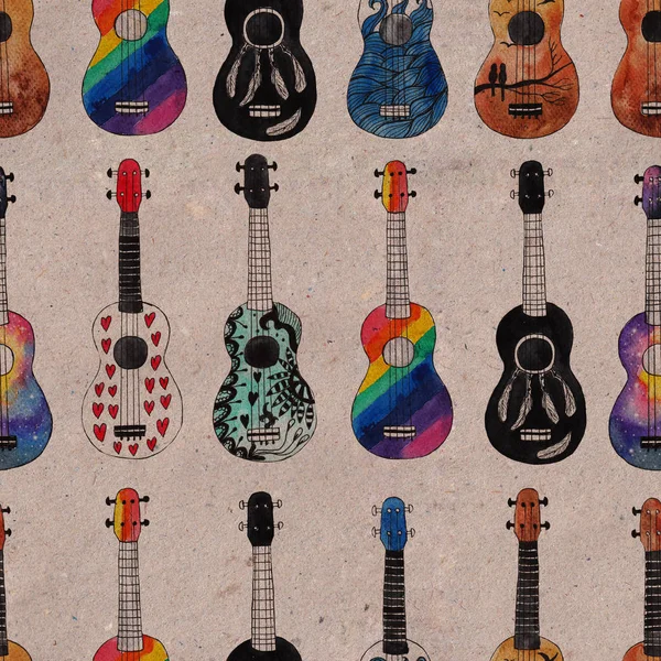 Nahtloses Muster mit Ukulele. Hawaiianische Gitarren im Hintergrund — Stockfoto