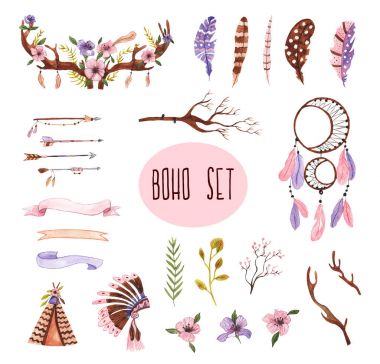 Boho tarzı. Arka plan beyaz üzerine suluboya illüstrasyon izole. Boynuzları ve çiçekler, tüyler, oklar, bitkiler, ağaçlar, rüya yakalayıcı, Kızılderili çadırı dalları