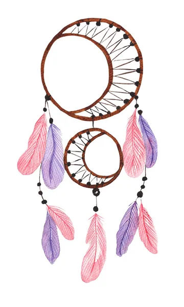 Dreamcatcher com penas rosa e roxo. Ilustração aquarela sobre fundo isolado branco — Fotografia de Stock