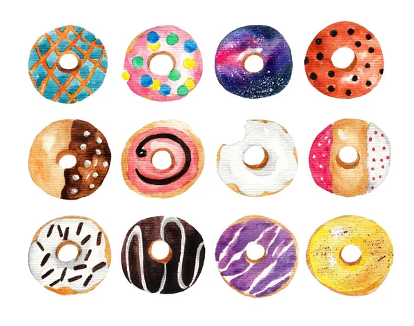 Set mehrfarbiger Aquarell-Donuts. handgezeichnete Illustration auf weißem, isoliertem Hintergrund — Stockfoto