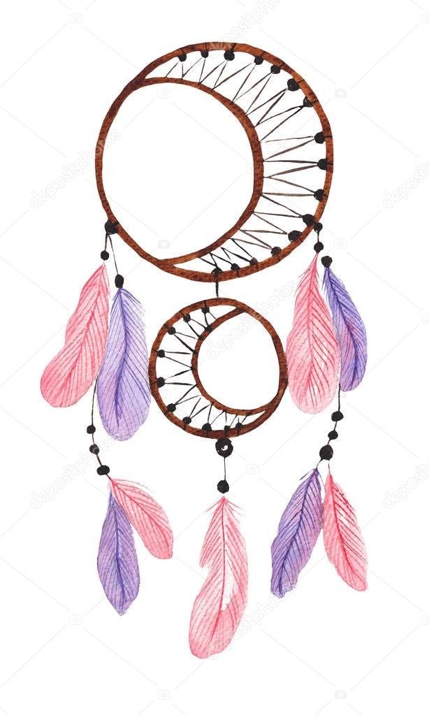 Dreamcatcher with pink and purple feathers. Watercolor illustration on white isolated background