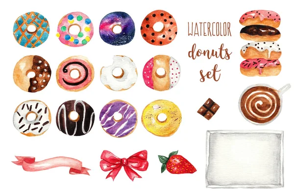Set mehrfarbiger Aquarell-Donuts und Gestaltungselemente. handgezeichnete Illustration auf weißem, isoliertem Hintergrund — Stockfoto