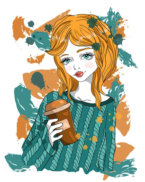 Милая девушка с бумажной чашкой кофе. Иллюстрация моды на абстрактном фоне — стоковый вектор