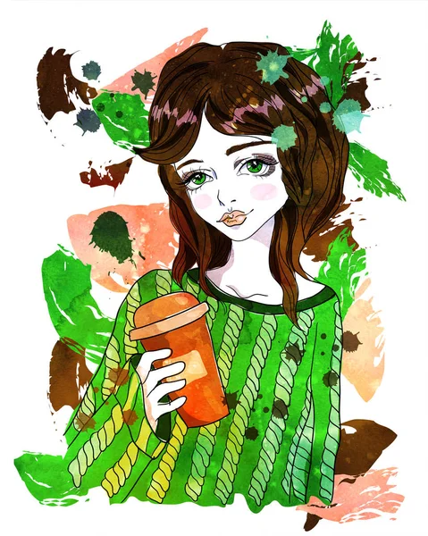 Menina encantadora com uma xícara de papel de café. Ilustração de moda em fundo aquarela abstrata — Fotografia de Stock