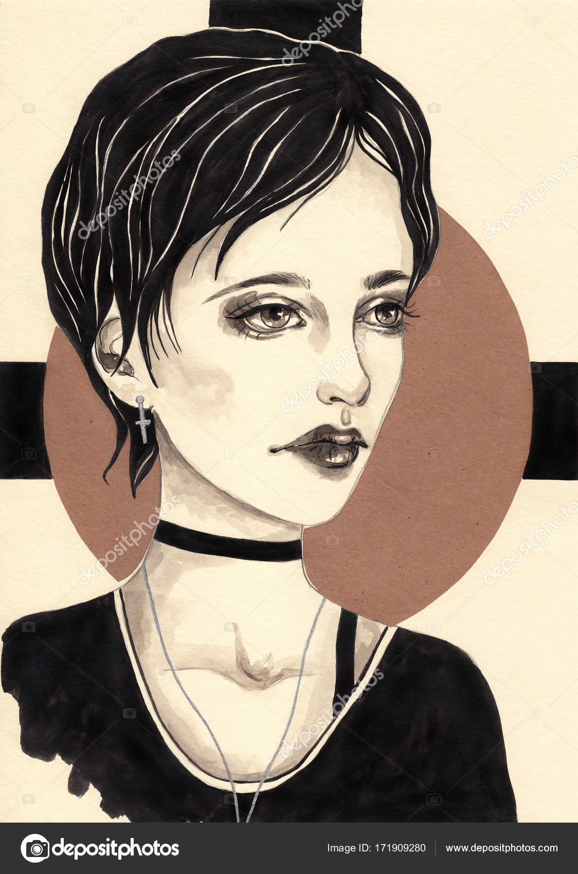 Gothic Girl With Short Black Hair Fashion Illustration