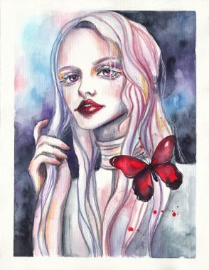 Güzel kız pembe saçlı ve mor gözler. Albino kırmızı kelebek ile. Suluboya Gotik resimde arka plan üzerinde