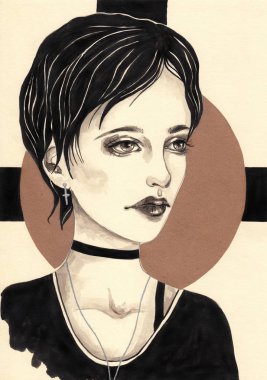 Gotik kız kısa siyah saçlı. Moda illüstrasyon, cadı