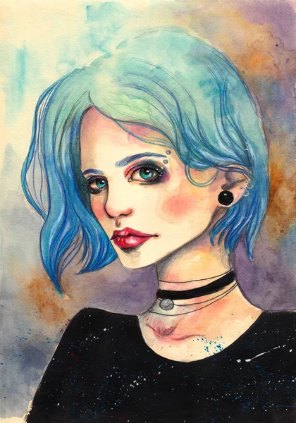 Gyönyörű lány kék hajat és kék szemet. Akvarell divat illusztráció absztrakt háttér — Stock Fotó