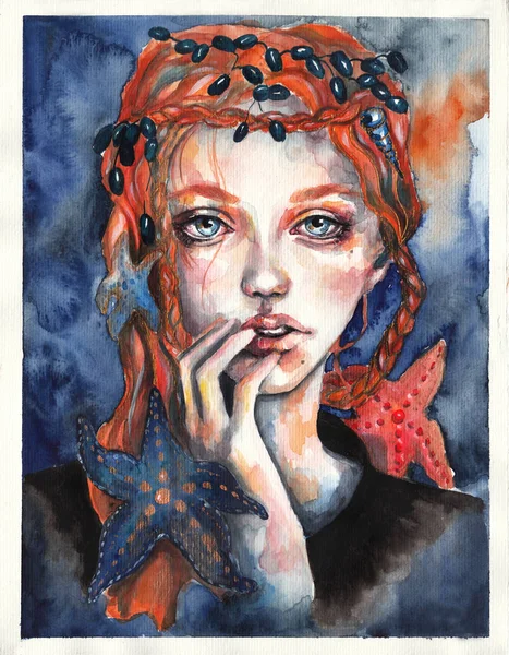 Schönes Mädchen mit roten Haaren und blauen Augen. Meerjungfrau mit Seestern. Aquarell-Illustration auf abstraktem Hintergrund — Stockfoto