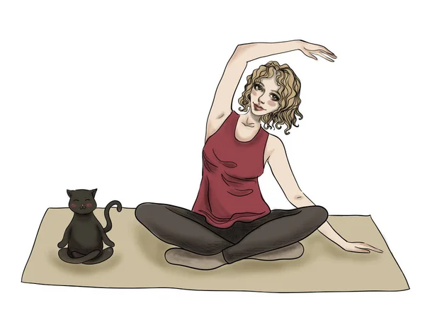 Dívka Její Kočka Cvičí Jógu Dívka Její Kočka Bílém Pozadí — Stock fotografie