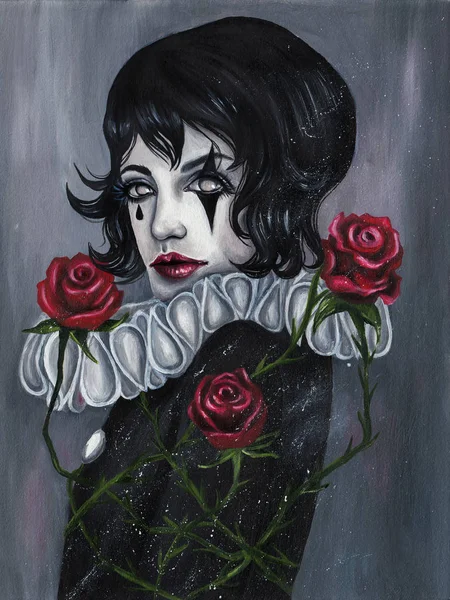 Pierrot Med Röda Rosor Handmålade Gotiska Illustration — Stockfoto
