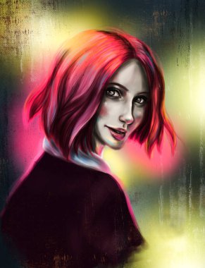 Kısa pembe saçlı güzel kız. Moda resimde arka plan üzerinde