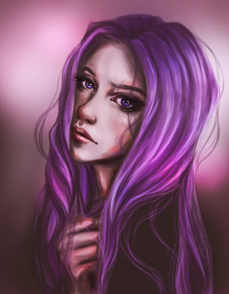 Menina Bonita Com Cabelo Roxo Olhos Azuis Ilustração Moda Fundo — Fotografia de Stock