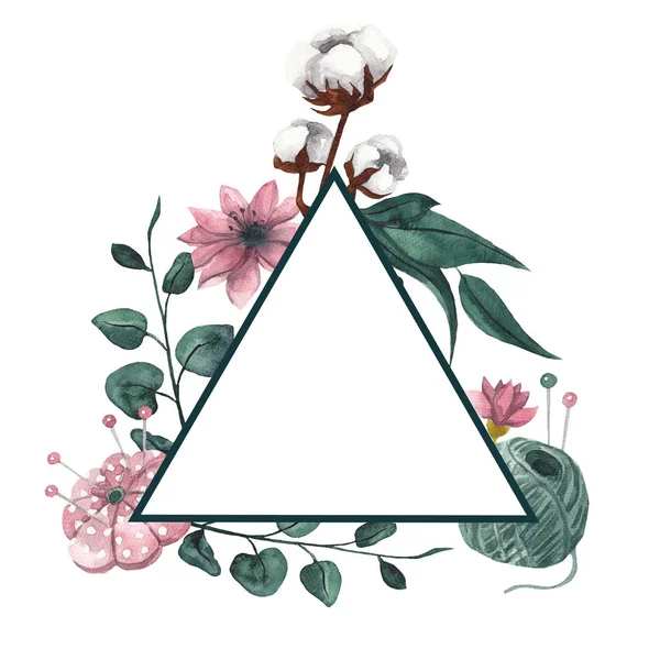 Geometrický Trojúhelníkový Rám Šitím Položky Květinové Prvky Akvarelu Ilustrace Bílém — Stock fotografie