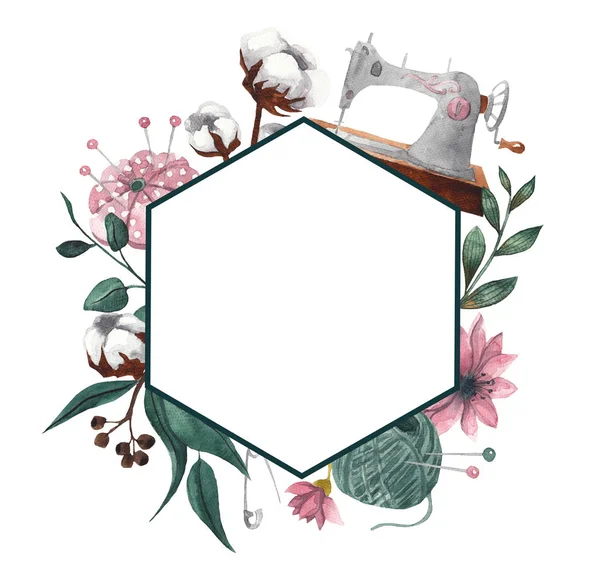 Dikiş öğeleri ve çiçek öğeleri geometrik çerçeveyle. Arka plan beyaz üzerine suluboya illüstrasyon izole. Metin için çerçeve çiçek. Pamuk çiçek, okaliptüs yaprakları